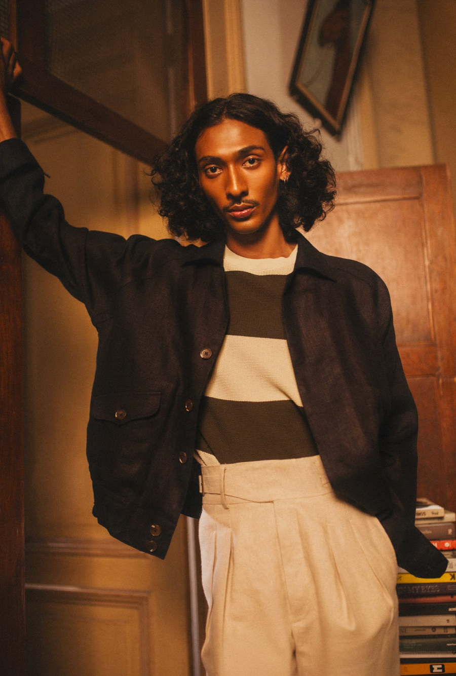 Waffle Rugby Knitted Crew Knitted Tee - Olive Stripes