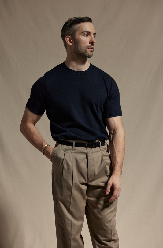 Knitted Crew Neck T-Shirt - Navy