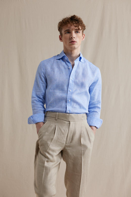 Spread Collar Linen Shirt - Blue
