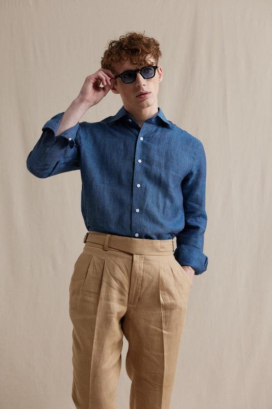 Spread Collar Linen Shirt - Dark Blue